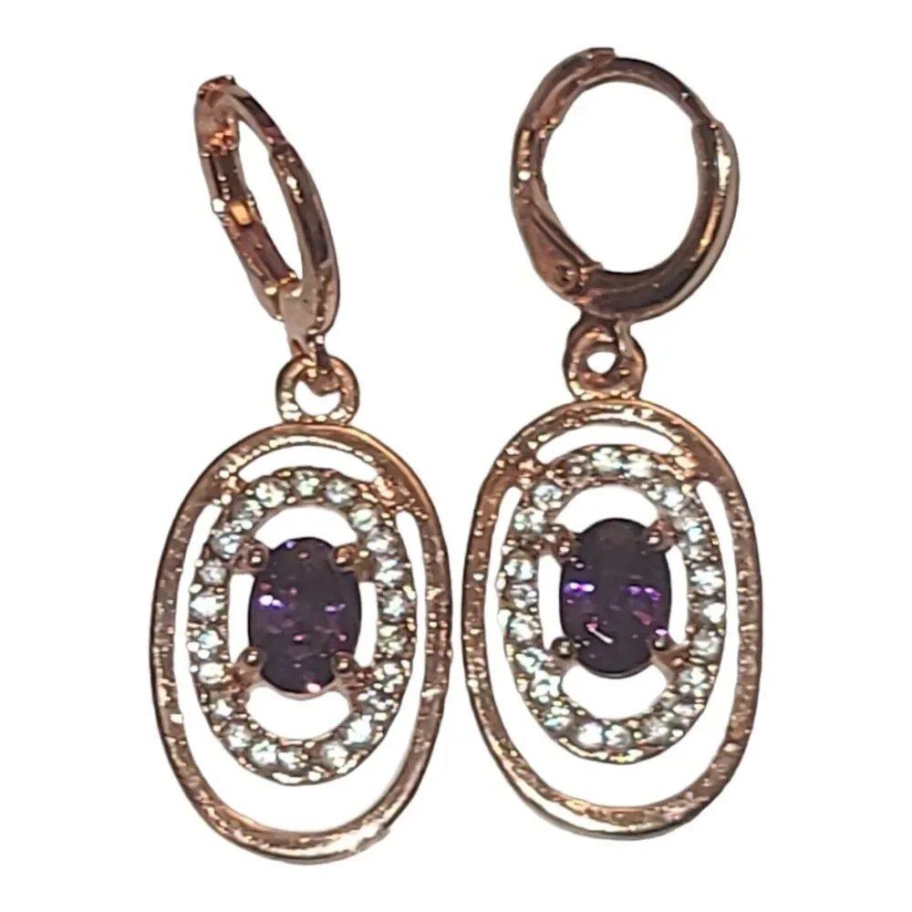 Gold Tone Oval Framed Purple Crystal Rhinestone Dangle‎ Earrings 1.25